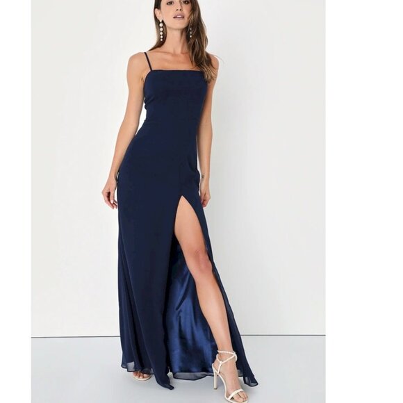 Lulus Feeling Elegant Navy Blue Lace-Up Slit Maxi Dress Size XS NWOT - Picture 1 of 5